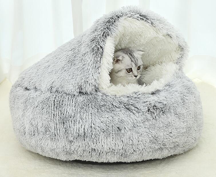 Hooded Calming Plush Bed for Cats