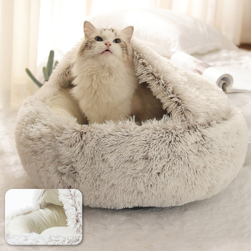 Hooded Calming Plush Bed for Cats