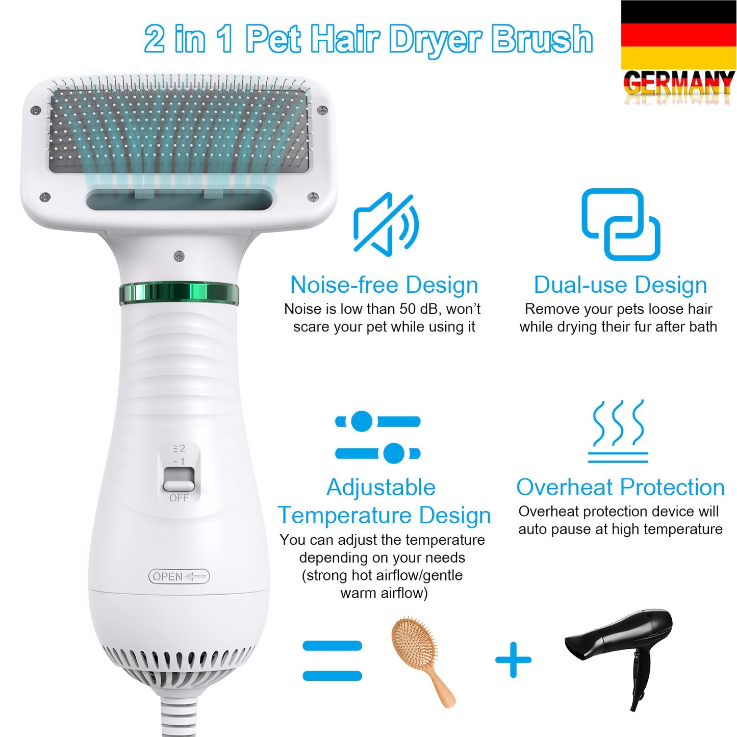 Portable Pet Hair Blower and Grooming Brush