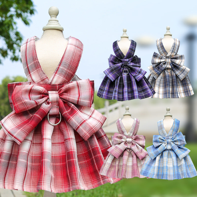 Plaid Tank Top Bowknot Dress with Leash