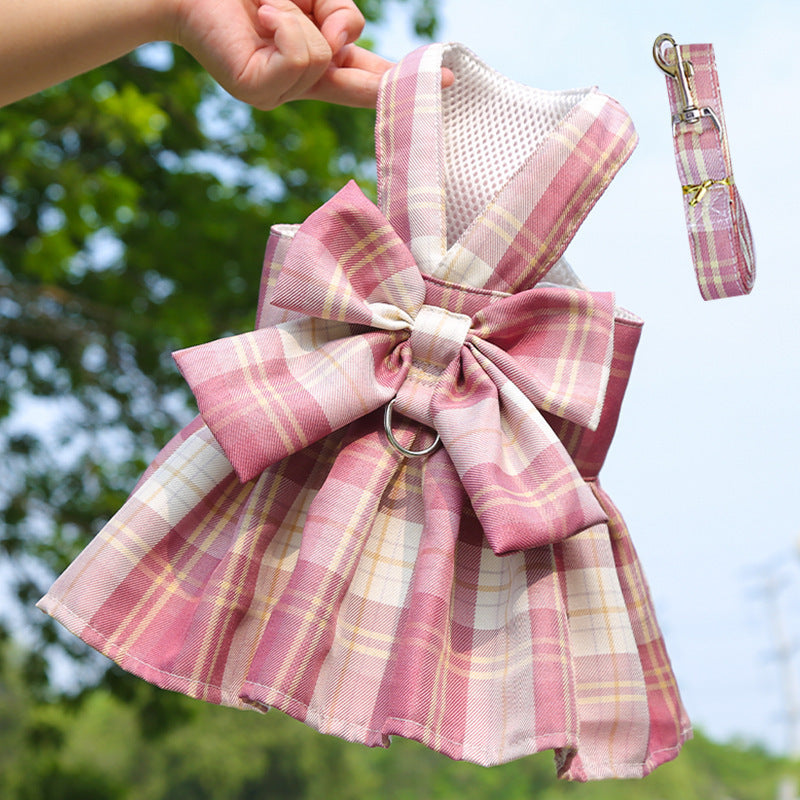 Plaid Tank Top Bowknot Dress with Leash