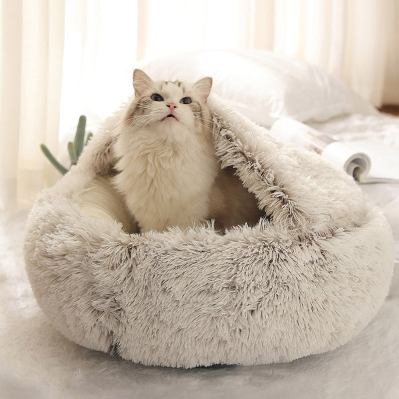 Hooded Calming Plush Bed for Cats