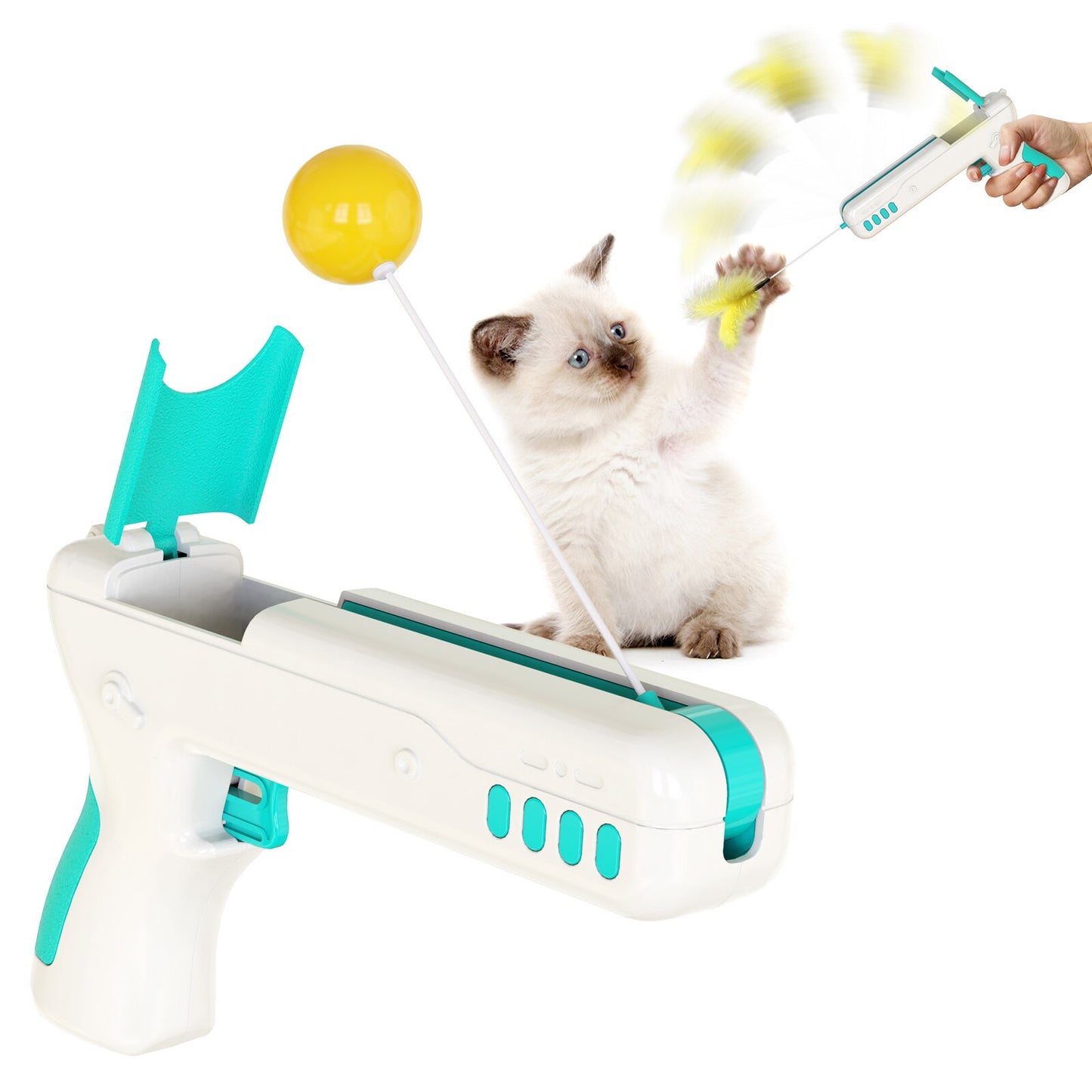 Interactive Cat Toy with Feather and Ball Stick Gun