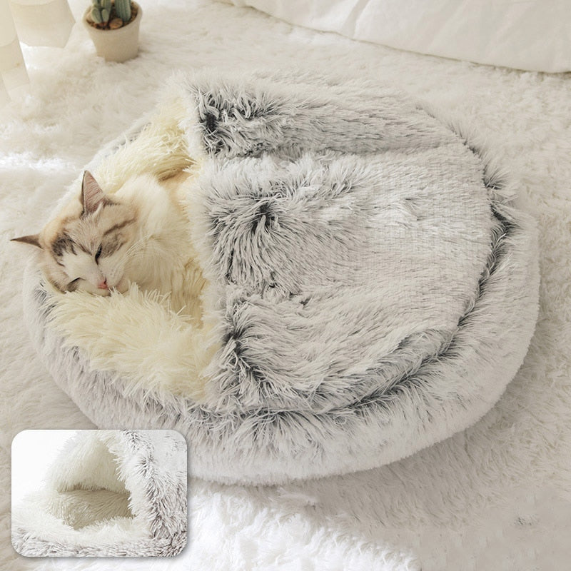 Hooded Calming Plush Bed for Cats