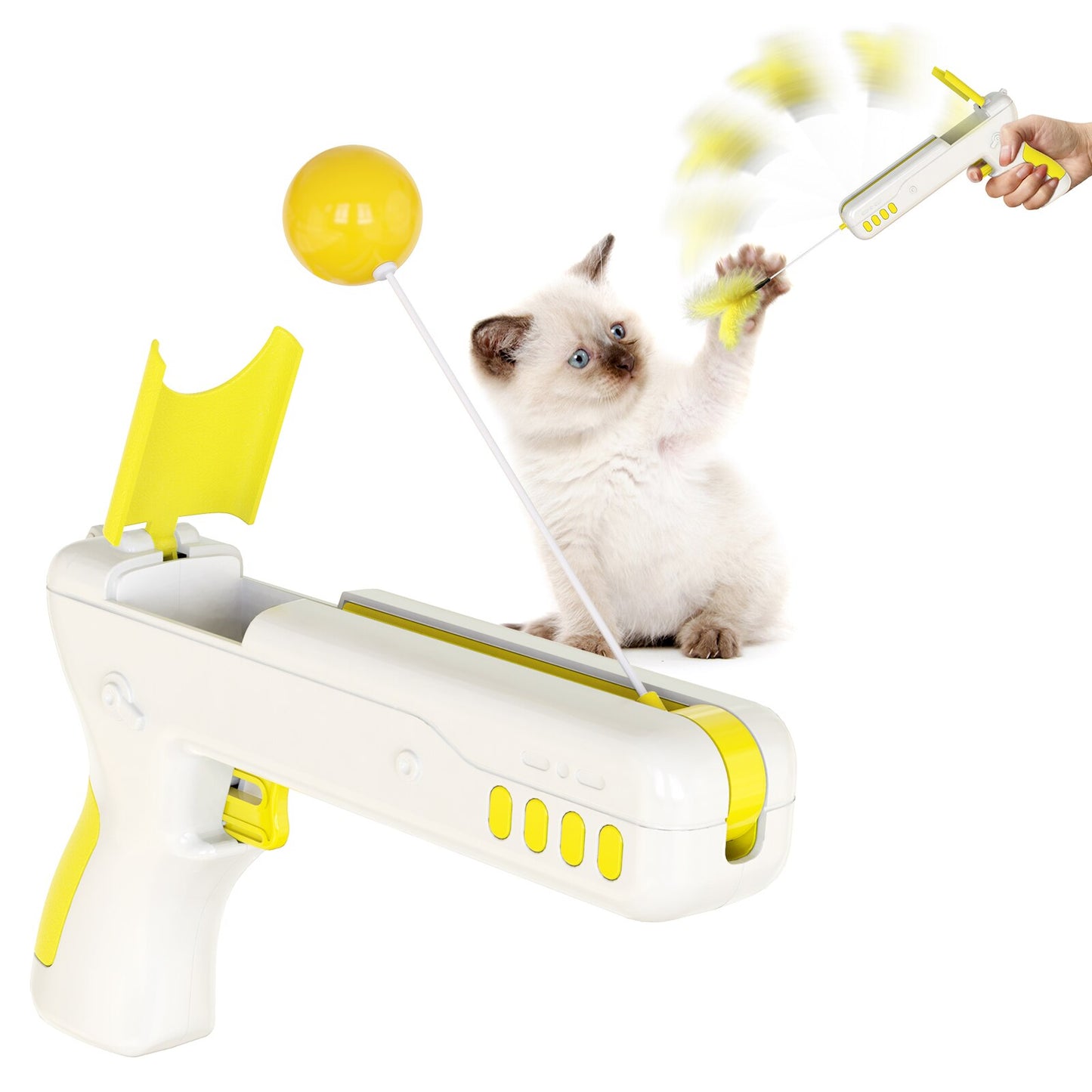 Interactive Cat Toy with Feather and Ball Stick Gun