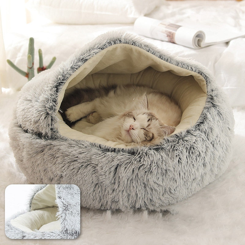 Hooded Calming Plush Bed for Cats