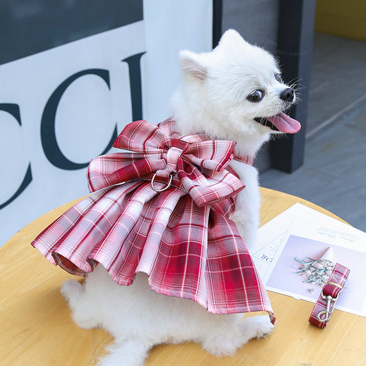 Plaid Tank Top Bowknot Dress with Leash