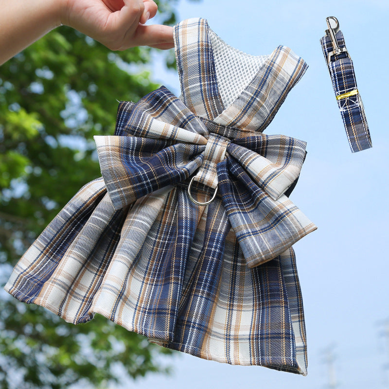 Plaid Tank Top Bowknot Dress with Leash